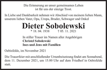 Traueranzeige von Dieter Sobolewski  von Magdeburger Volksstimme