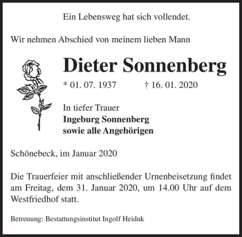 Traueranzeige von Dieter Sonnenberg  von Magdeburger Volksstimme