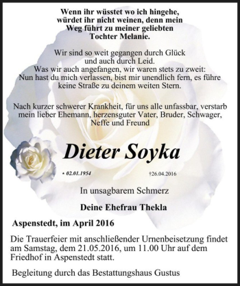 Traueranzeige von Dieter Soyka  von Magdeburger Volksstimme