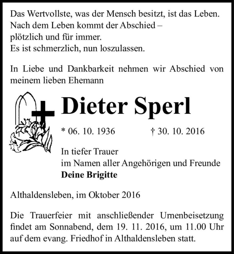  Traueranzeige für Dieter Sperl  vom 05.11.2016 aus Magdeburger Volksstimme