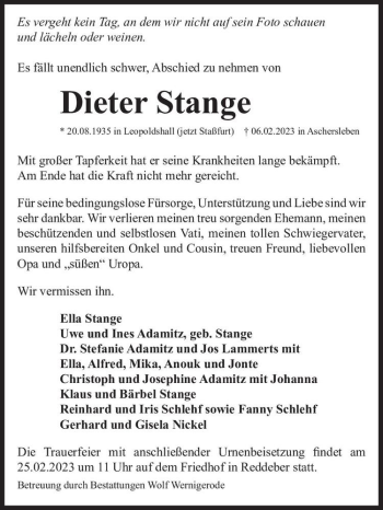 Traueranzeige von Dieter Stange  von Magdeburger Volksstimme