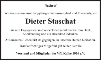 Traueranzeige von Dieter Staschat  von Magdeburger Volksstimme