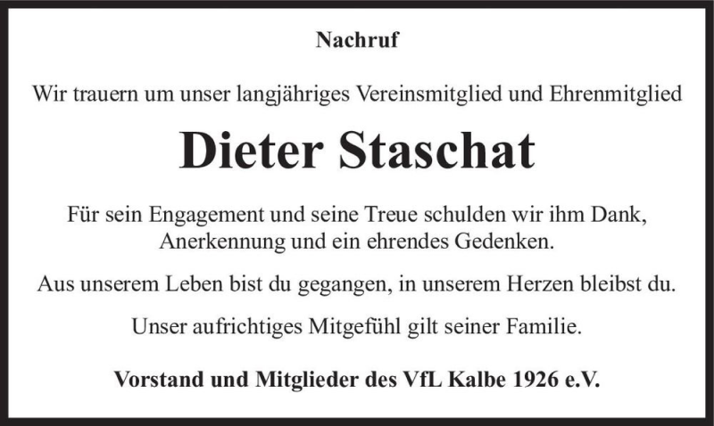  Traueranzeige für Dieter Staschat  vom 10.12.2020 aus Magdeburger Volksstimme