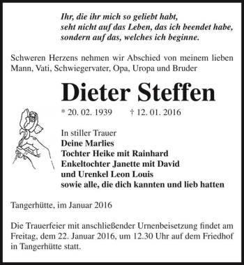Traueranzeige von Dieter Steffen  von Magdeburger Volksstimme