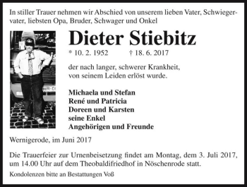 Traueranzeige von Dieter Stiebitz  von Magdeburger Volksstimme