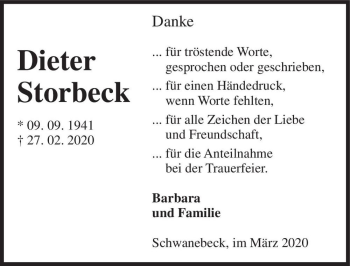 Traueranzeige von Dieter Storbeck  von Magdeburger Volksstimme