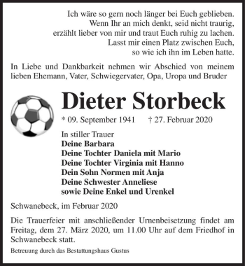 Traueranzeige von Dieter Storbeck  von Magdeburger Volksstimme