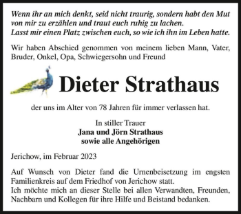 Traueranzeige von Dieter Strathaus  von Magdeburger Volksstimme