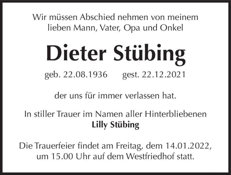  Traueranzeige für Dieter Stübing  vom 31.12.2021 aus Magdeburger Volksstimme