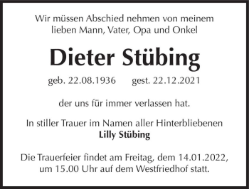 Traueranzeige von Dieter Stübing  von Magdeburger Volksstimme