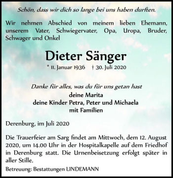 Traueranzeige von Dieter Sänger  von Magdeburger Volksstimme