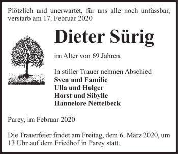 Traueranzeige von Dieter Sürig  von Magdeburger Volksstimme