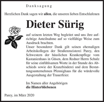 Traueranzeige von Dieter Sürig  von Magdeburger Volksstimme