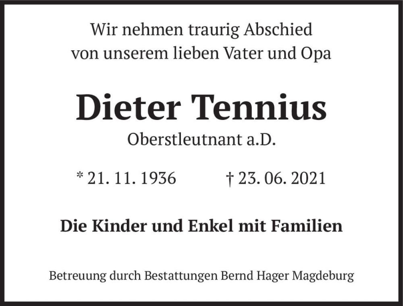  Traueranzeige für Dieter Tennius  vom 03.07.2021 aus Magdeburger Volksstimme