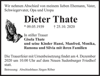 Traueranzeige von Dieter Thate  von Magdeburger Volksstimme