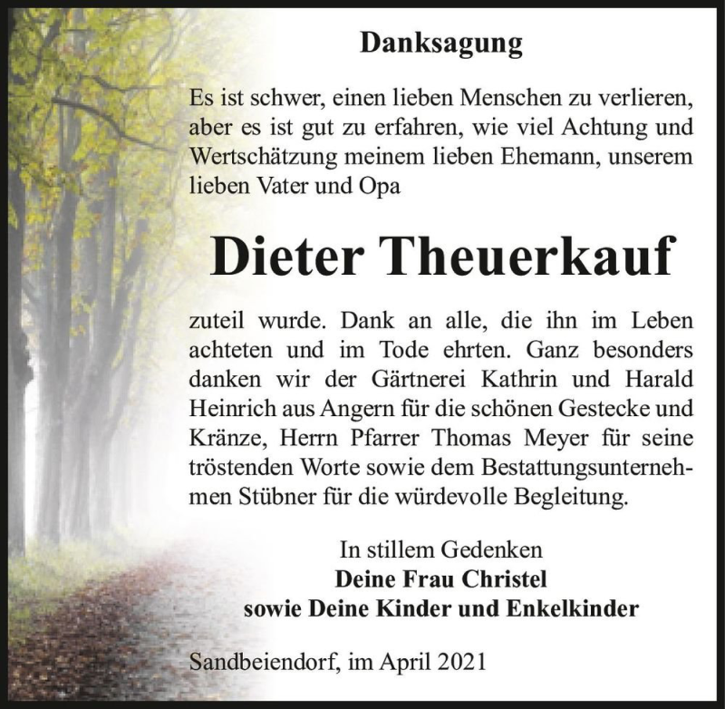  Traueranzeige für Dieter Theuerkauf  vom 24.04.2021 aus Magdeburger Volksstimme