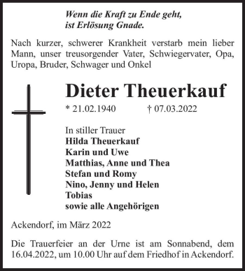 Traueranzeige von Dieter Theuerkauf  von Magdeburger Volksstimme