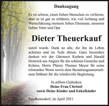 Traueranzeige von Dieter Theuerkauf  von Magdeburger Volksstimme