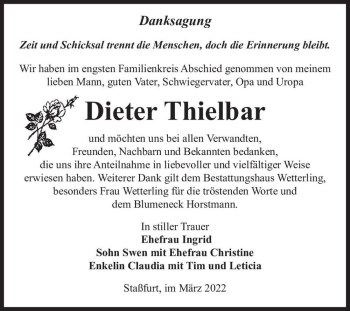 Traueranzeige von Dieter Thielbar  von Magdeburger Volksstimme