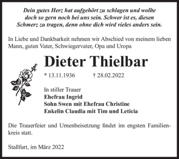 Traueranzeige von Dieter Thielbar  von Magdeburger Volksstimme