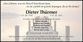 Traueranzeige von Dieter Thürmer  von Magdeburger Volksstimme