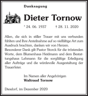 Traueranzeige von Dieter Tornow  von Magdeburger Volksstimme