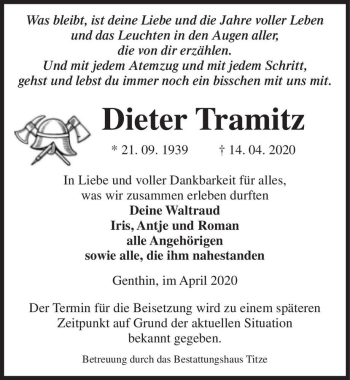 Traueranzeige von Dieter Tramitz  von Magdeburger Volksstimme