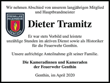 Traueranzeige von Dieter Tramitz  von Magdeburger Volksstimme