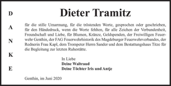 Traueranzeige von Dieter Tramitz  von Magdeburger Volksstimme