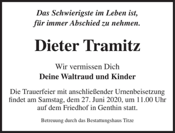 Traueranzeige von Dieter Tramitz  von Magdeburger Volksstimme