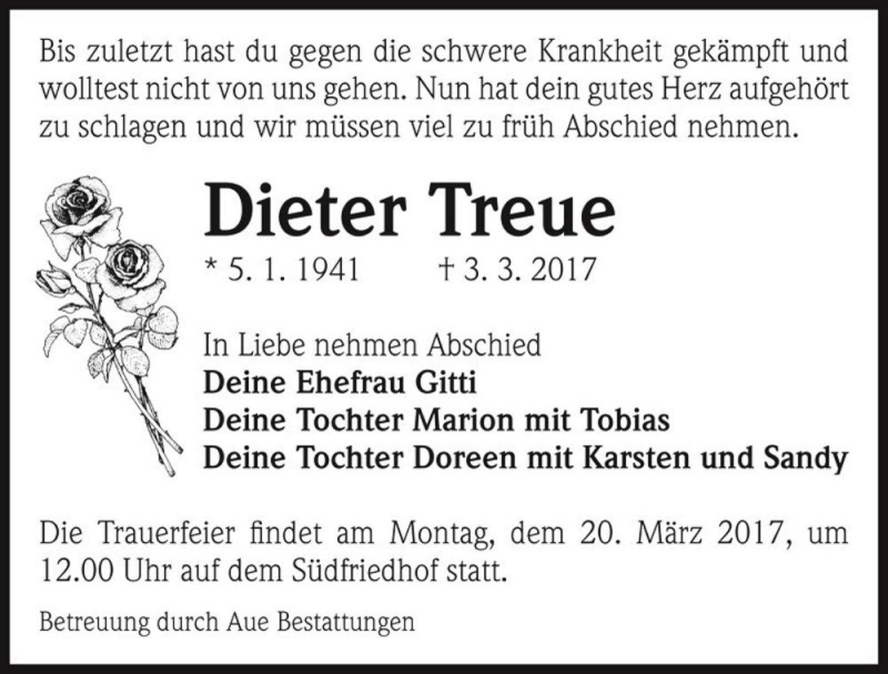  Traueranzeige für Dieter Treue  vom 11.03.2017 aus Magdeburger Volksstimme