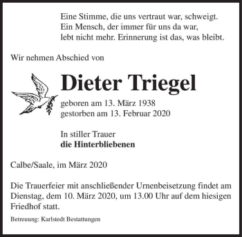 Traueranzeige von Dieter Triegel  von Magdeburger Volksstimme