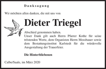 Traueranzeige von Dieter Triegel  von Magdeburger Volksstimme