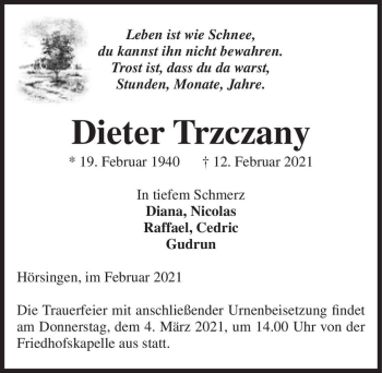 Traueranzeige von Dieter Trzczany  von Magdeburger Volksstimme