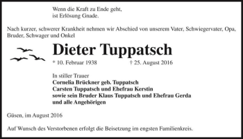 Traueranzeige von Dieter Tuppatsch  von Magdeburger Volksstimme