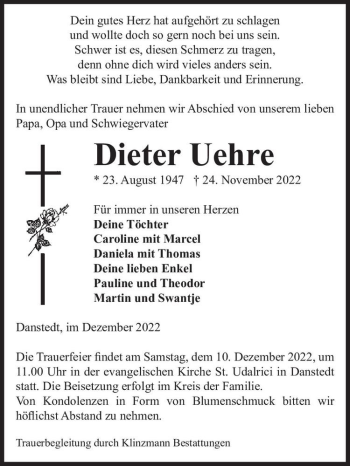 Traueranzeige von Dieter Uehre  von Magdeburger Volksstimme
