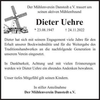 Traueranzeige von Dieter Uehre  von Magdeburger Volksstimme