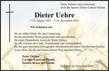 Traueranzeige von Dieter Uehre  von Magdeburger Volksstimme
