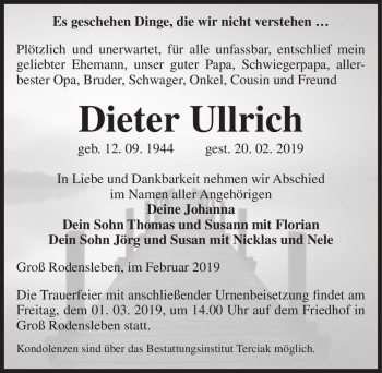 Traueranzeige von Dieter Ullrich  von Magdeburger Volksstimme