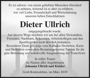 Traueranzeige von Dieter Ullrich  von Magdeburger Volksstimme