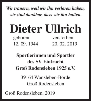 Traueranzeige von Dieter Ullrich  von Magdeburger Volksstimme