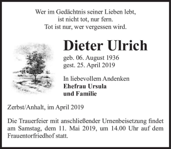 Traueranzeige von Dieter Ulrich  von Magdeburger Volksstimme
