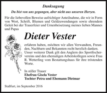 Traueranzeige von Dieter Vester  von Magdeburger Volksstimme