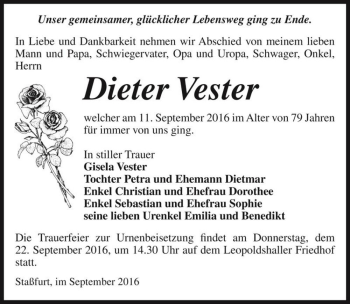 Traueranzeige von Dieter Vester  von Magdeburger Volksstimme