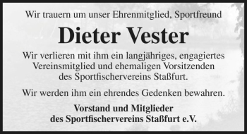 Traueranzeige von Dieter Vester  von Magdeburger Volksstimme