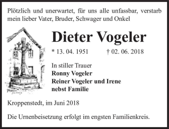 Traueranzeige von Dieter Vogeler  von Magdeburger Volksstimme