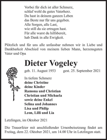 Traueranzeige von Dieter Vogeley  von Magdeburger Volksstimme