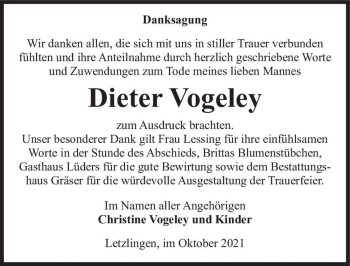 Traueranzeige von Dieter Vogeley  von Magdeburger Volksstimme