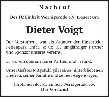 Traueranzeige von Dieter Voigt  von Magdeburger Volksstimme