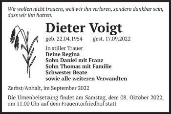 Traueranzeige von Dieter Voigt  von Magdeburger Volksstimme
